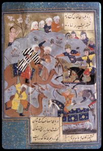 Camel riders on the left, wearing Arabic-style turbans with hanging ends, are battling horsemen in golden helmets on the right. Majnun and villages are hiding behind the hills, watching the battle from a distance. 