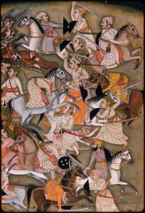 The entire space of the image is filled with clashing horses and warriors waving raised swords and shields. There are dead bodies on the ground and a warrior in the center carries a severed head. 