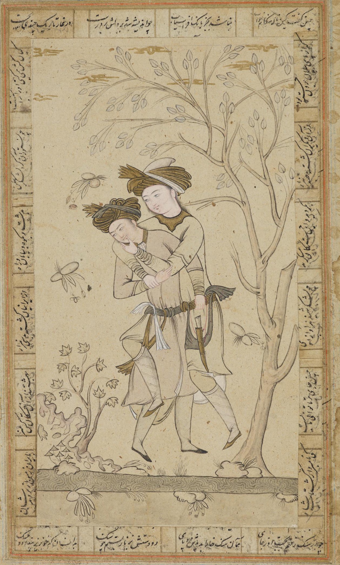 The composition here is the same as in the previous two images, with one youth wrapping his leg around the waste of the other, but the bottle of wine is missing. There are extra landscape features, including a tree and a brook at the boys’ feet. This image is a very light beige wash, except for the turbans, sashes, and collars painted in contrasting gold. Poetry lines form a frame around the image. 