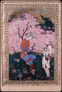 A young man dressed in fine robes and a large turban is perched on a low branch of a blossoming tree with an open book in his hands. A golden wine bottle is on the ground behind him. Opposite the nobleman is a young dervish with a shaven head, accessorized by a leopard skin, a tin water jug, a chained bell, a kashkul or a beggar’s bowl, a purse, and a knife. A brook runs in the foreground surrounded by field flowers and multi-colored rocks. The golden sky full of scrolling clouds takes up a third of the picture. 