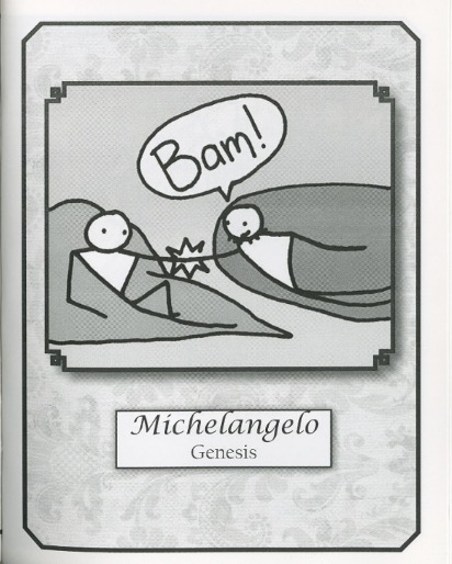 Cartoon version of Michelangelo’s Genesis, in which God comically says “Bam!” from the zine Four years of art school for this?” width=
