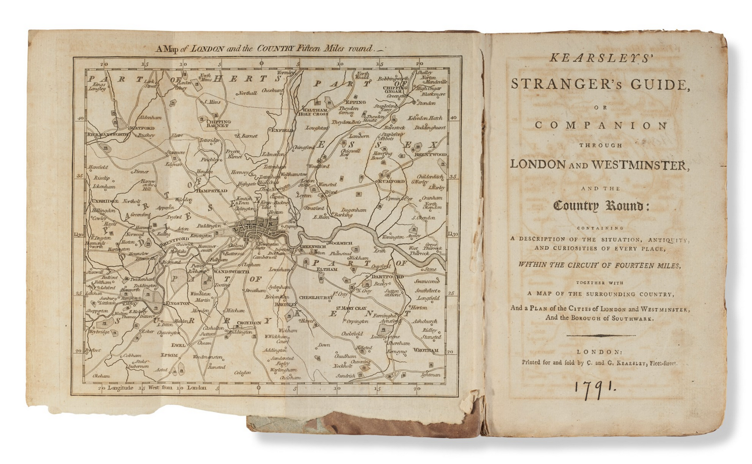 book open to title page, Kearsley’s Stranger's Guide to London, and fold out map (of London in the 18th century)