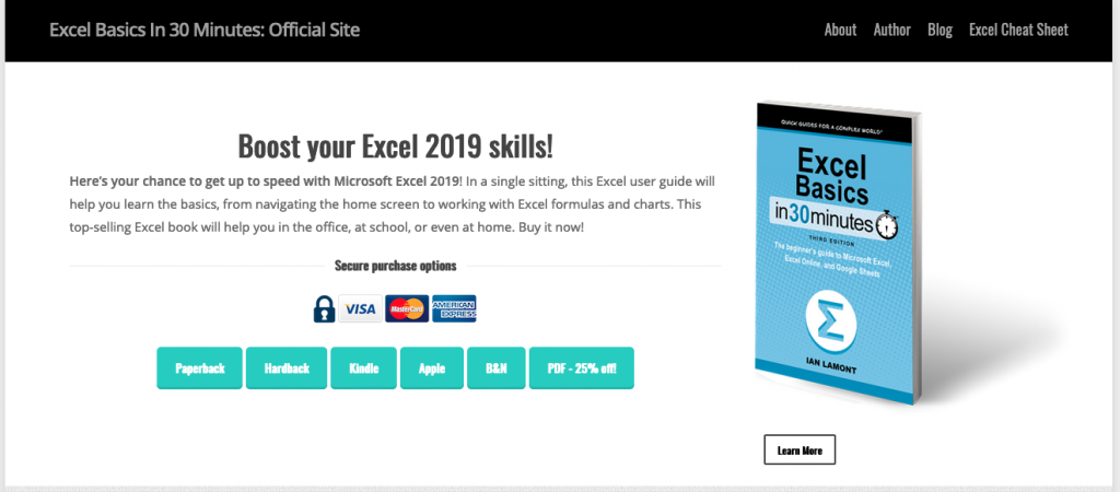 Excel Basics book website screenshot 02102020