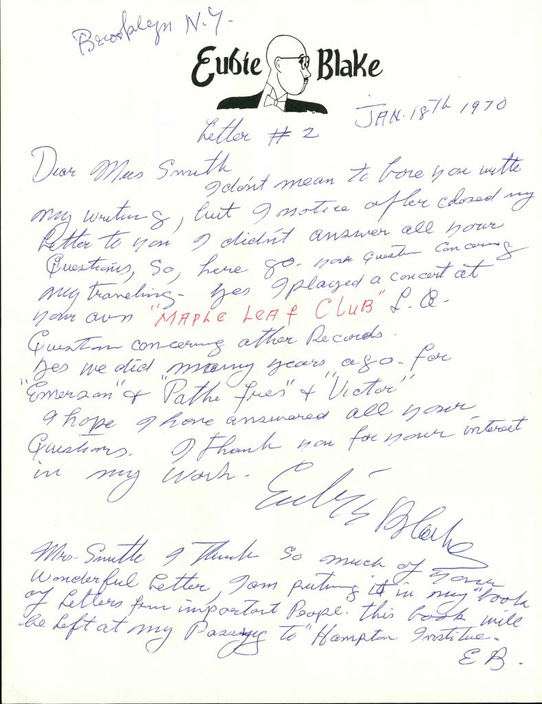 Letter from Eubie Blake to William B. and Peggy Smith, dated 18 January 1970, postmarked Brooklyn, New York.