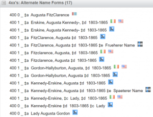 A screenshot listing many names by which Lady Augusta Kennedy-Erskine was known, including Augusta FitzClarence and Augusta Gordon-Hallyburton.