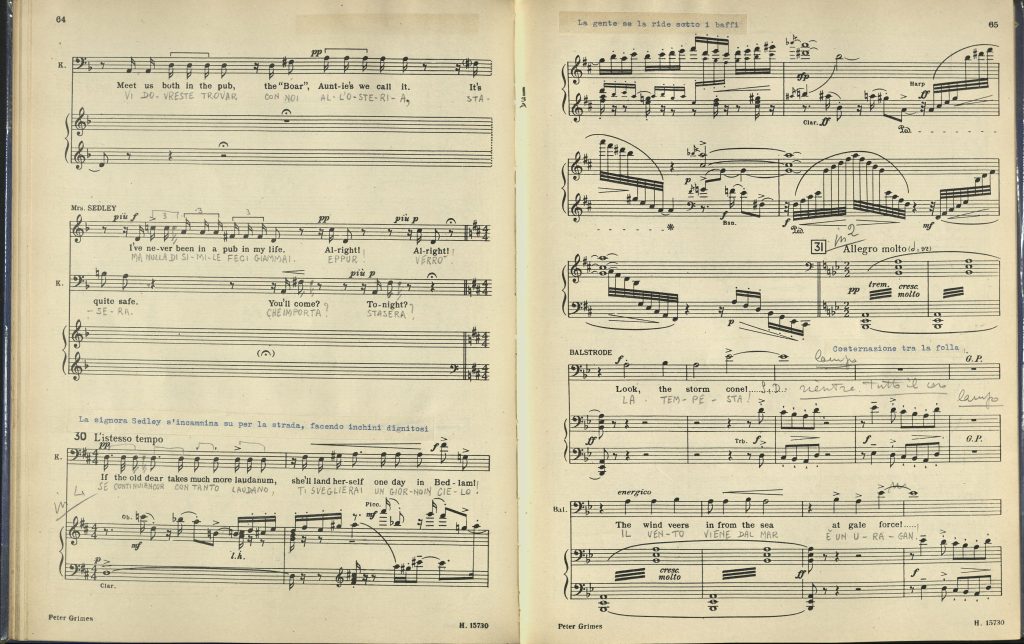 Two pages of music: a vocal score edition of Benjamin Britten's opera Peter Grimes (1945). Former owner Luigi Ricci has added Italian translation and several expressive notes. 