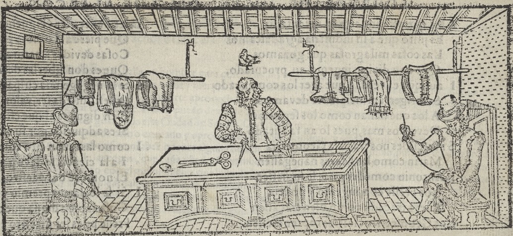 Woodcut illustration of a tailor’s shop