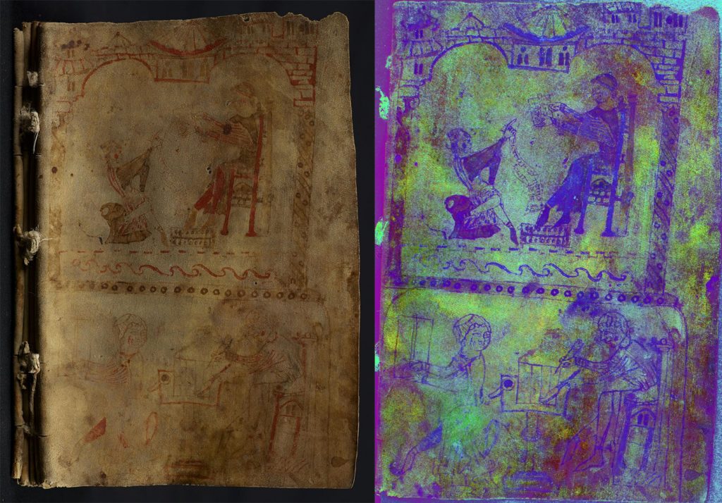 The front cover of 'Incipit prolog in elucidario' before (left) and after (right) spectral imaging