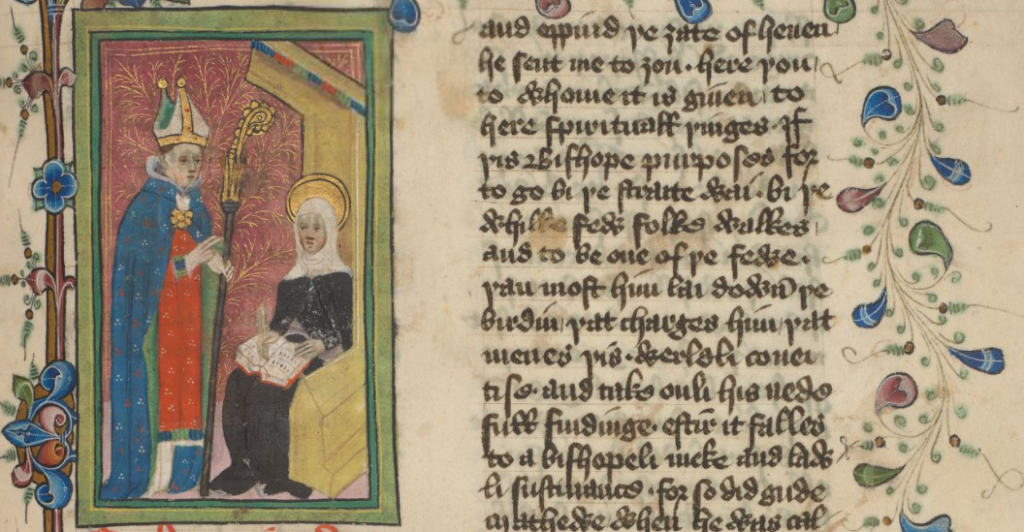 St Birgitta of Sweden, sitting and writing in a book, from a copy of her Revelations 