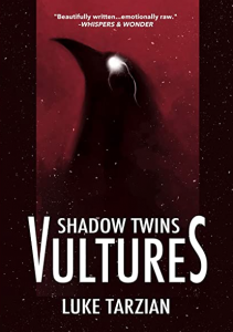 The cover of Luke Tarzian's novel Vultures. On a red background the shape of a raven looks upwards. The raven's eye is a ball of lightning with sparks emanating from it.
